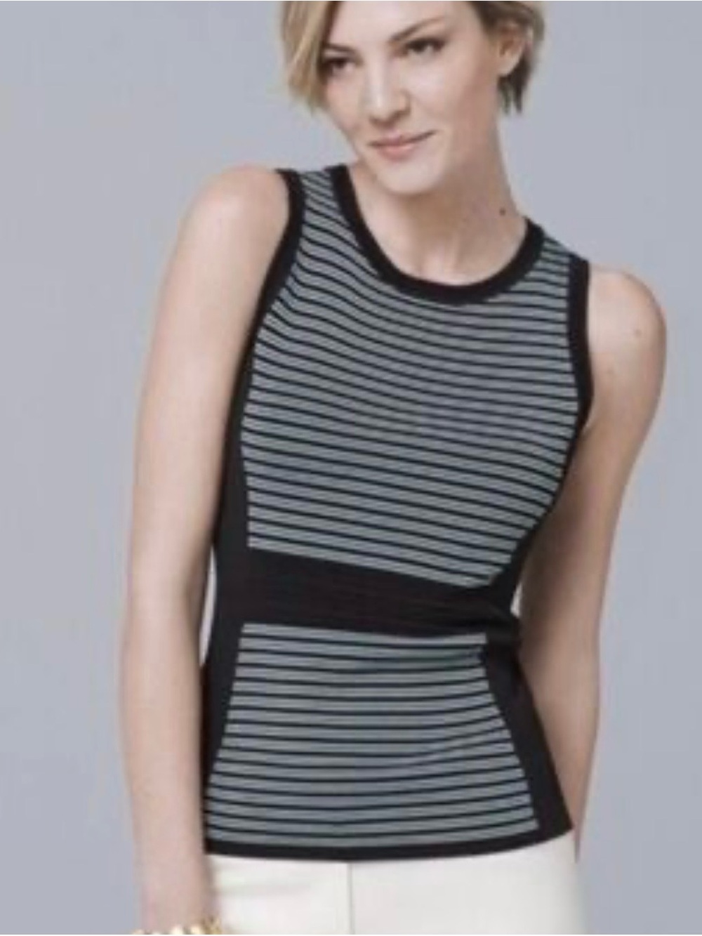 White House Black Market Black and Light Blue Striped Knit Shell